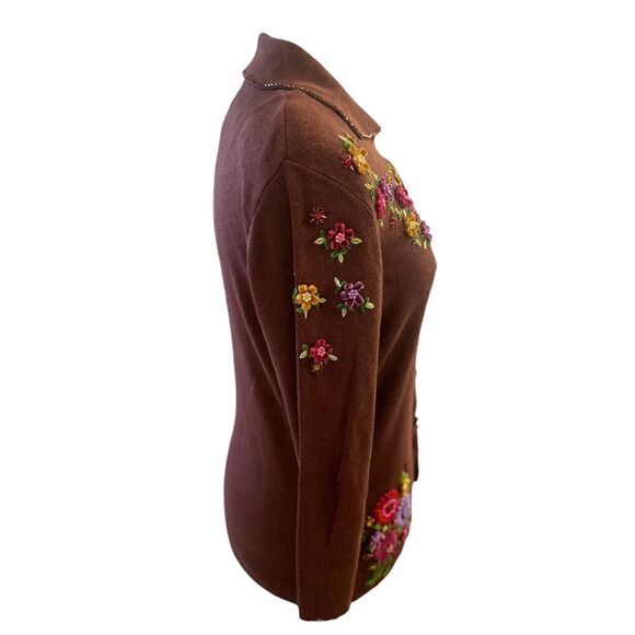 NWT Embroidered Cardigan by Just B Sz. M Cotton Blend Chocolate Brown - Picture 3 of 9